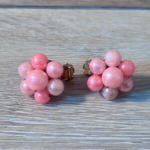 Vintage Pink Bead Cluster Clip-On Earrings | Mid-Century Costume Jewelry |